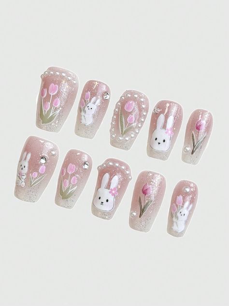 Random 10 Pieces Lovely Rabbit False Nail Art And 1pc Tape Pink     Plants Handmade Nails   Nail,Hand & Foot Care, size features are:Bust: ,Length: ,Sleeve Length: Pink Bunny Nails, Rabbit Nails Design, Animal Acrylic Nails, Bunny Nails Designs, Cute Bunny Nails, Bunny Nail Art, Pink Plants, Handmade Nails, Bunny Nails