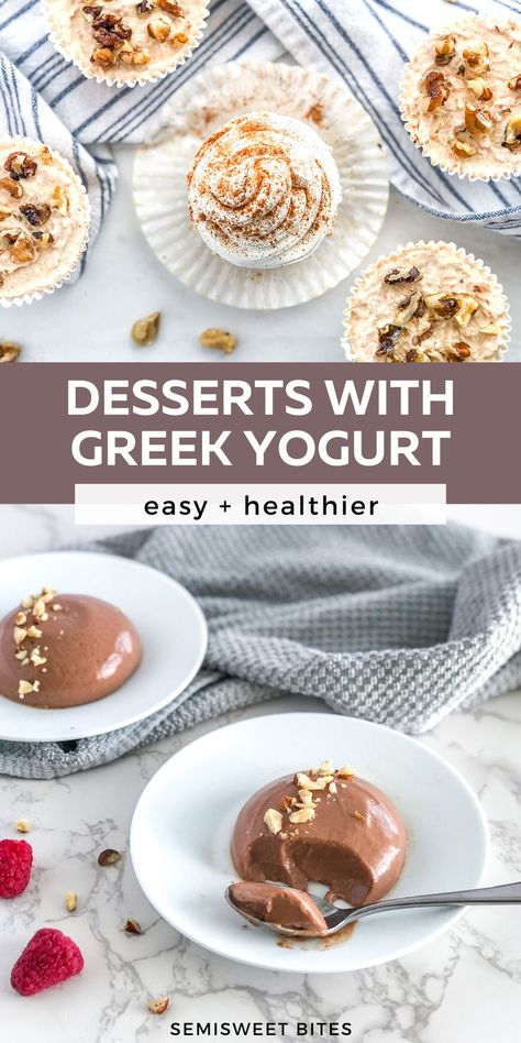 Greek yogurt may not seem like an obvious choice when it comes to dessert ingredients, but it’s actually a perfect addition. It’s thick and creamy, lightly tangy, and packed with protein. Here are some of my favorite Greek yogurt dessert recipes – including cheesecake, tiramisu, tarts, and even fudge! Greek Yogurt Low Carb Dessert, Easy Desserts Made With Greek Yogurt, Recipes To Use Up Greek Yogurt, Healthy Dessert Recipes Greek Yogurt, Greek Yogurt Tart, Low Calorie Yogurt Recipes, Dessert With Vanilla Yogurt, Yogurt Desserts Easy, Greek Yogurt Creme Brulee