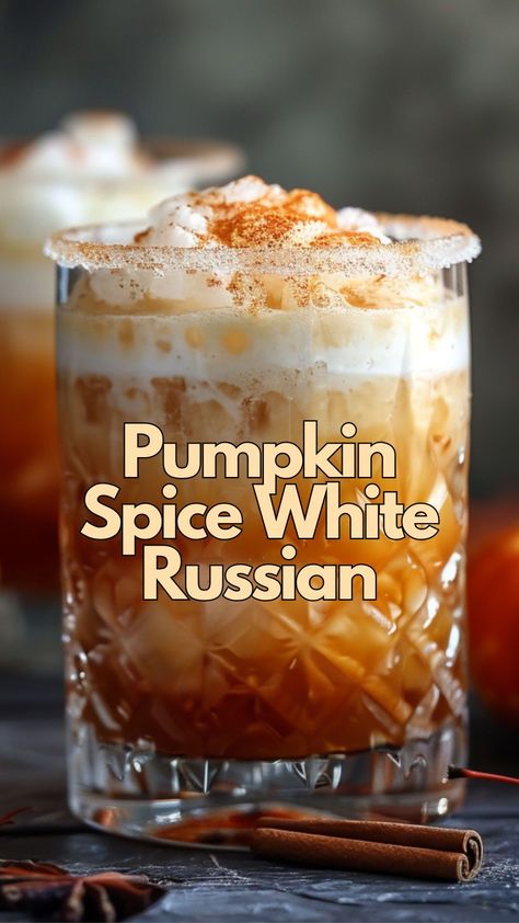 Autumnal twist on a classic with vodka, coffee liqueur, and cream. #PumpkinSpiceWhiteRussian Coctails Recipes Easy Fall Vodka, Pumpkin Drinks Alcoholic, Fall Recipes Drinks, November Cocktails, Fall Alcoholic Drinks, 2024 Cocktails, Pumpkin Cocktails, Pumpkin Spice White Russian, Liquor Ideas