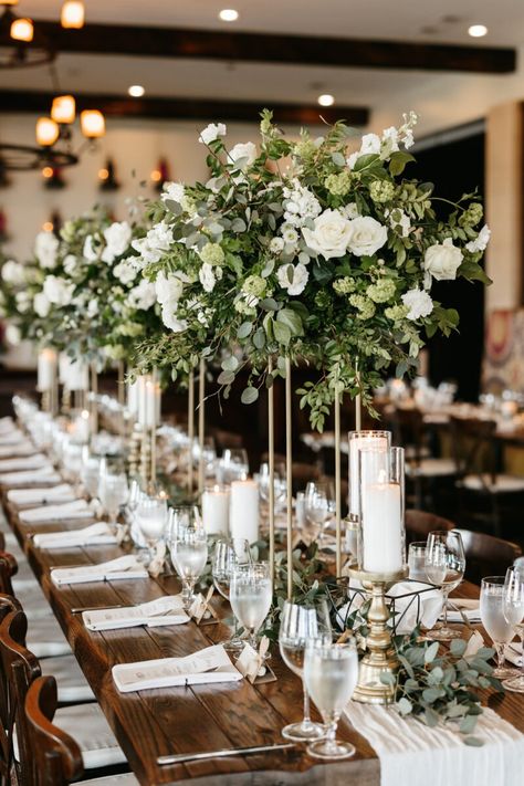 White and Green Wedding Florals Done Right | White and green wedding color palette | Montaluce Winery Wedding goldandbloom.com Green And White Wedding Table Decor, White And Green Wedding Decor, Floral Decorations Wedding, Green Wedding Color Palette, Green Wedding Florals, White Wedding Table Decor, Tall Arrangements, Reception Designs, Wedding Lilac