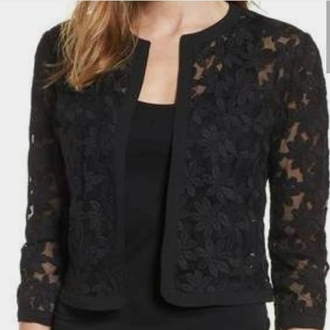 Black Shrug Outfit Ideas, Black Shrug Outfit, Lace Jacket Outfit, Shrug Design, Shrug Dress, Black Lace Jacket, Lace Bolero Jacket, Lace Jacket Dress, Black Shrug