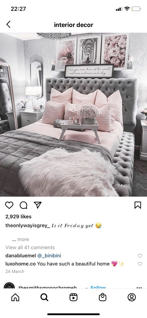 Grey Glam Bedroom Ideas, Glam Bedroom Decor Pink, Pink And Gray Bedroom, Gray Bedroom Decor, Pink Gray Bedroom, Grey And Gold Bedroom, Dusty Pink Bedroom, Blush Pink Bedroom, Pink And Grey Room