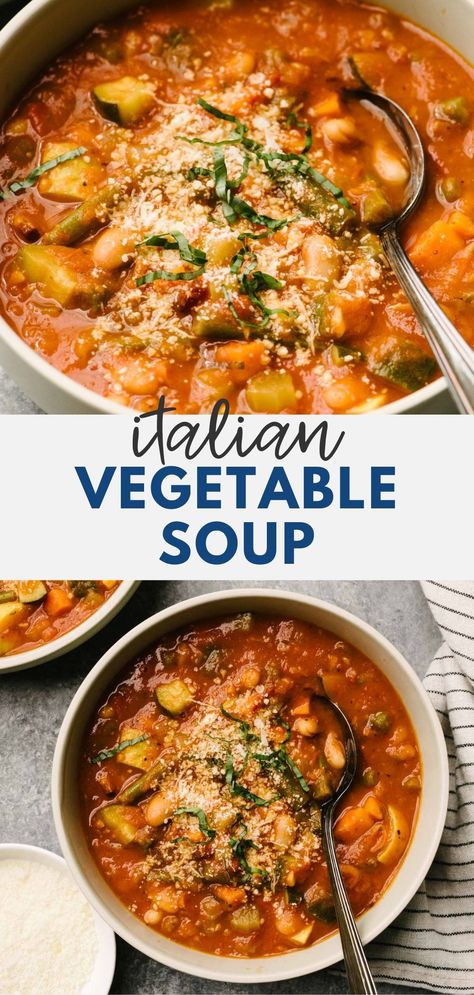 Italian Vegetable Soup is the last stop on the soup-to-stew train. It's loaded with bite-sized chunks of veggies from beans to zucchini - and those beans help naturally thicken the broth just right. Smoky pancetta and nutty parmesan add tons of depth to the flavor. It's the perfect Italian soup recipe for dunking crusty Italian bread. #italianveggiesoup #chunkysoup #veggiesoup #flavorfulsoup Soup With Zucchini Vegetable, Soups With Lots Of Veggies, Zucchini Vegetable Soup, Italian Veggie Soup, Best Ever Vegetable Soup, Italian Vegetable Soup Recipes, Vegetable Soup With Sausage, Sausage And Vegetable Soup, Legume Soup Recipes