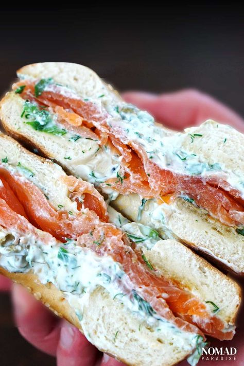 Recipe With Capers, Lox Breakfast, Lox Recipe, Salmon Capers, Cream Cheese Bagel, Cream Cheese Spread Recipes, Herb Cream Cheese, Smoked Salmon Breakfast, Smoked Salmon Sandwich