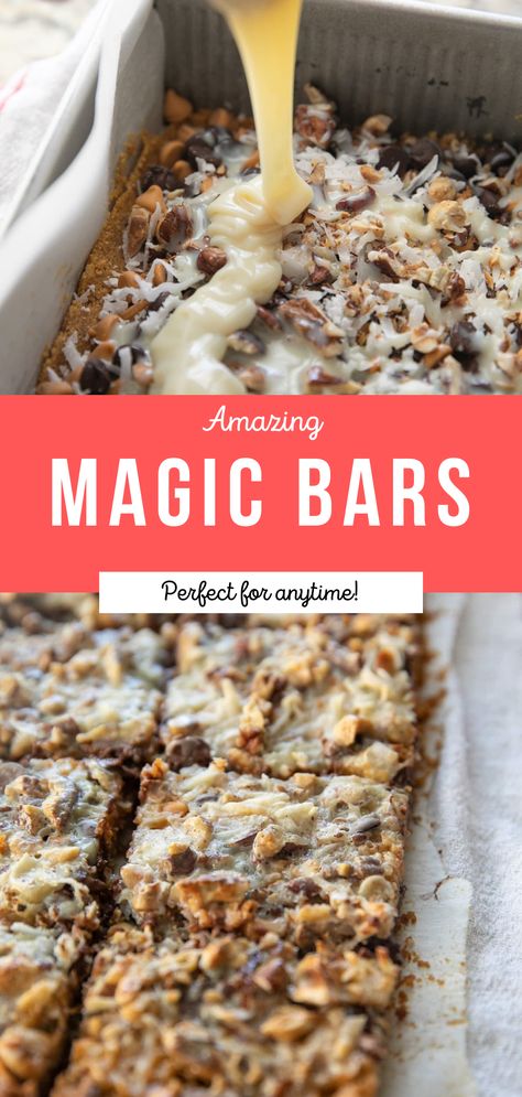 Miracle Bars Recipe, Almost Candy Bars, Treat Bars Ideas, Christmas Magic Bars Recipe, Seven Layers Of Heaven Magic Bars, Easy Magic Bars Recipe, Dilly Bars Recipe, Hello Dolly Bars Recipe Easy, Holiday Magic Bars