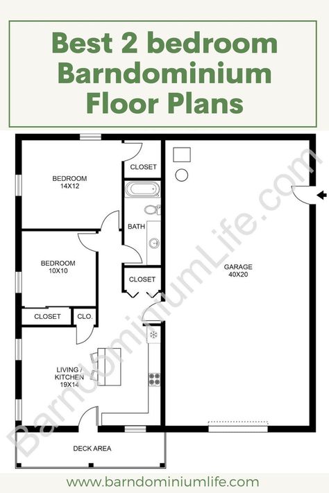 There are many advantages to barndominiums, and we are going to be taking a look at the best 2 bedroom barndominium floor plans and interior ideas. This idea behind this article is to not only get you to have a taste of the floor plans, but also the interior designs so you have a feel of what your place might look like when you finally get the structure built. #Barndominium #bedroom #FloorPlans #Ideas #home #lifestyle Shop With 2 Bedroom Apartment, Small Barndominium Ideas 2 Bedroom, 2 Bed 1 Bath Barndominium, Small Barndominium Ideas With Garage, 2 Bedroom Barndominium Floor Plans With Shop, Shouse Barndominium Interior, 2 Bedroom Shop House, One Bedroom Barndominium Floor Plans, 2 Bedroom Barndominium With Shop