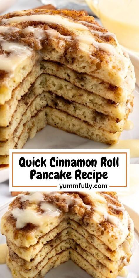 Glam up your pancakes with this Cinnamon Roll Pancake recipe. Made with simple, everyday ingredients, a unique cinnamon swirl, and a creamy glaze, these will be your family’s newest obsession, guaranteed! Cinnamon Roll Pancakes Recipe, Easy Homemade Pancakes, Breakfast Quick, Cinnamon Roll Pancakes, Starter Recipes, Cinnamon Pancakes, Cozy Weekend, Pancake Recipes, Breakfast Goodies