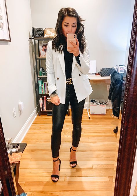 shop my white blazer outfit! Black Outfit With White Blazer, White Blazer Night Outfit, Business Outfit With Blazer, White Blazer Christmas Outfit, Blazer Outfits Party Night Classy, Business Casual White Blazer, Women’s White Blazer Outfit, Bodysuit With Blazer Outfit, Womens Blazer Outfit Parties