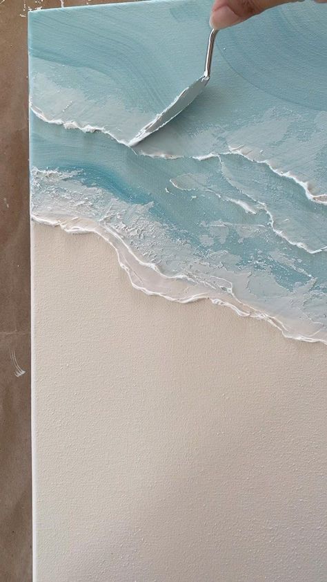 Spackle Art Texture Diy Beach, Textured Seascape Art, Diy Textured Canvas Art Wave, Beach Textured Painting, Modelling Paste Art Acrylics, Waves Textured Art, Textured Art Beach, Textured Beach Art, Wave Texture Art