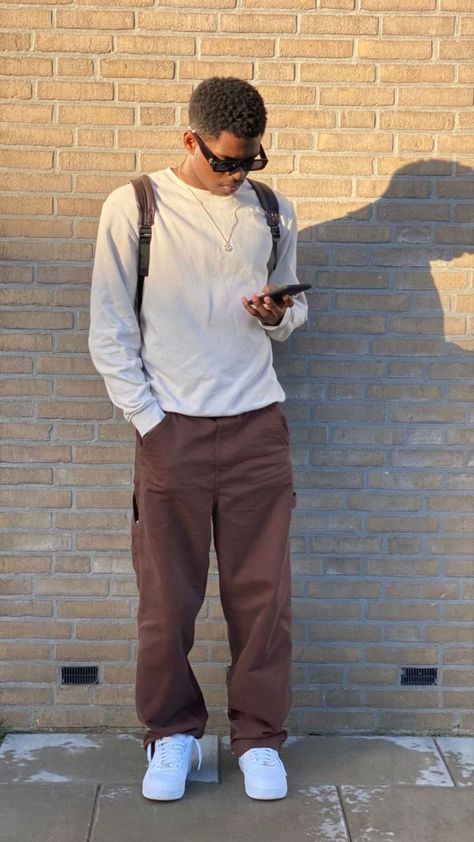 Styling Brown Pants Men, Tan Streetwear Outfit, Brown And White Outfit Men, Simple Outfits Men Street Fashion, Simple Street Style Outfit Men, Brown Boys Aesthetic, Brown Pants Outfit Men Street, Brown Outfit Aesthetic Men, Trendy Outfits For Guys