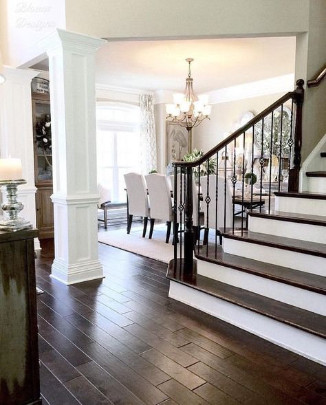 Gorgeous staircase, hardwood floors, and color scheme. Hardwood Floors Dark, Stair Case, Villa Plan, Modern Entryway, Dark Wood Floors, Hard Wood, A Living Room, Home Fashion, House Inspiration