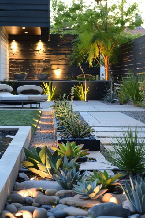 The image showcases a modern small backyard garden with an emphasis on sleek design and strategic lighting. The garden features a variety of succulents and agave plants, complemented by decorative pebbles and integrated LED lights. A pathway with clean, geometric lines leads through the space, bordered by planters and soft, ambient lighting. In the background, there's a cozy seating area with comfortable lounge chairs, perfect for relaxation. Back Garden Ideas Budget, Backyard Small Garden, Wedding Ideas Backyard, Zen Backyard, Small Back Gardens, Small Backyard Decks, Backyard Wedding Ideas, Backyard Garden Layout, Small Garden Ideas