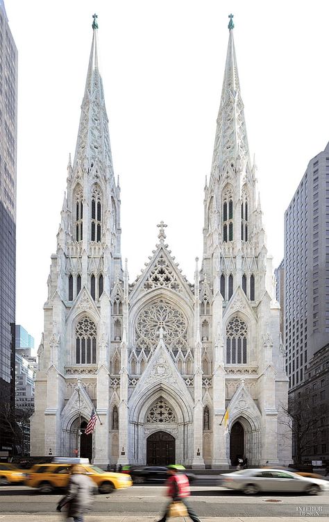 Fit for the Pope: St. Patrick's Cathedral in Midtown Finally | Murphy Burnham & Buttrick Architects oversaw the restoration of Midtown's landmarked St. Patrick's Cathedral,w hich included repairing and power-washing the Tuckahoe marble exterior and 300-foot-high spires. #design #interiordesign #interiordesignmagazine #projects #architecture Architecture Cool, St Patrick's Cathedral, Voyage New York, Ville New York, Gothic Cathedrals, Cathedral Architecture, Gothic Church, The Pope, Old Churches