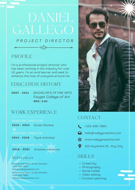 Looking for ideas on how to design a standout Project Director resume? Get inspired with our selection of unique and professionally crafted resume designs. Create a powerful first impression and show employers why you should be their next project director. Resume Design Ideas, Director Resume, Social Media Photography, Bachelor Of Fine Arts, Content Planning, Best Resume, Resume Design, Cv Template, How To Design