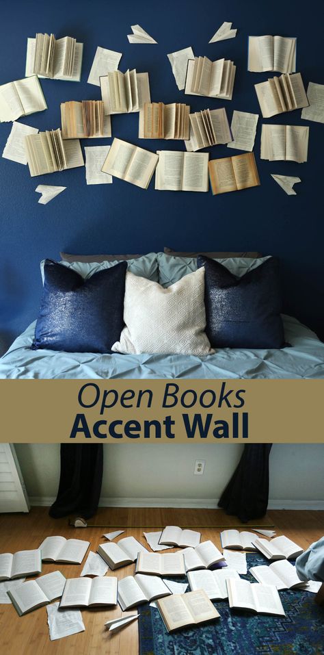 Open Books Accent Wall #harrypotter #bedroomdecor #accentwall #abeautifulmess Amazing Kids Bedrooms, Ravenclaw Inspired Bedroom, Ravenclaw Bedroom, Open Books, Harry Potter Bedroom, Book Wall Art, Creative Wall Decor, Library Wall, A Beautiful Mess