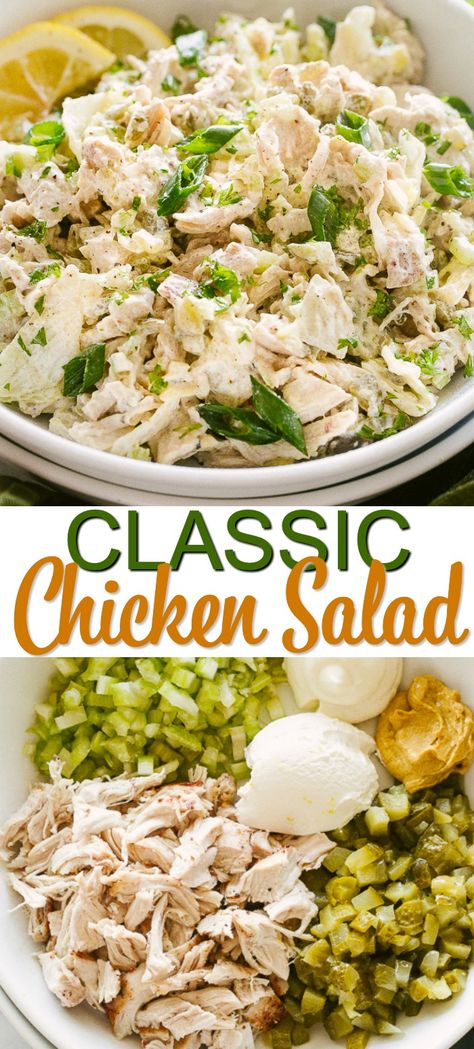 Classic Chicken Salad - Shredded chicken, dill pickles, and crunchy celery smothered in a deliciously creamy dressing. You will love how easy this is to throw together for your next picnic or summer party. #chickensalad #summerpartyfood #mealprep #campingrecipes Pickles Salad, Celery Pickles, Shredded Chicken Salads, Smoked Chicken Salad, Pickled Celery, Classic Chicken Salad, Celery Recipes, Rotisserie Chicken Salad, Dill Recipes