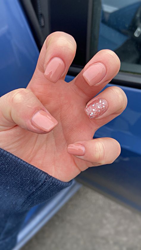 Pink acrylic nails with one sparkly nail Nude Nails With Sparkle, Pink Acrylic, Pink Acrylics, Sparkly Nails, Pink Acrylic Nails, January 2024, Nude Nails, Ring Finger, Acrylic Nails