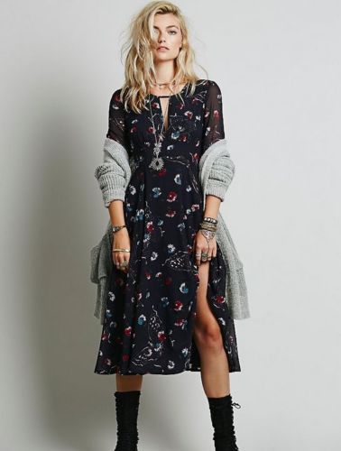 Free-People-Bonnie-Blue-Floral-Print-Retro-Butterfly-Midi-Boho-Dress-4-XS White Maxi Dress Boho, Boho Witch, Kiss Dress, Tokyo Street Fashion, Navy Blue Midi Dress, Boho Midi Dress, Dress Retro, Free People Clothing Boutique, Split Dress