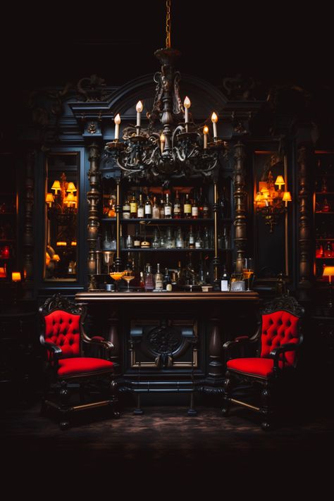 Dark And Moody Bar, Room Inspo Dark, Moody Bar, Layered Decor, Academia Interior, Dark Maximalist, Gothic Bar, Bold Home Decor, Gothic Style Home