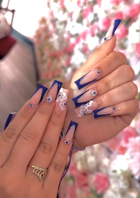 White Tip With Blue Design Nails, Blue And Gold Nails Acrylic Coffin, Role Blue Nails, Navy Rhinestone Nails, Long Square Blue Nails, Sapphire Blue And Silver Nails, Blue Nails With Diamonds Rhinestones, Navy Blue Nails Y2k, Royal Blue Bling Nails Rhinestones