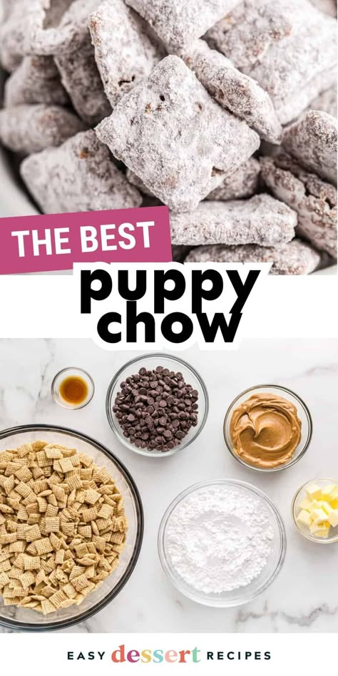 This sweet puppy chow snack mix (also called muddy buddies) is a delicious combo of chocolate, peanut butter, Chex, and powdered sugar. Gf Puppy Chow, The Best Puppy Chow Recipe, Puppy Chow Rice Chex Mix Recipe, Classic Puppy Chow, Cheerios Puppy Chow, Puppy Chow With M&ms, How To Make Puppy Chow, Smores Puppy Chow, Snack Mixes Recipes