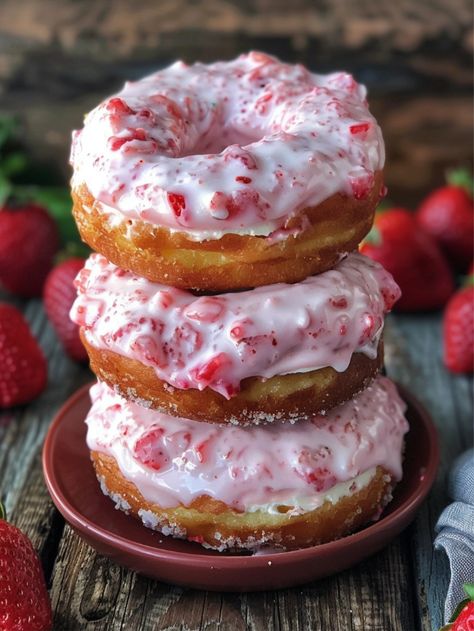 Bake Sale Dessert Ideas, Cheesecake Bowls, Plain Donuts, Strawberry Donut, Healthy Donuts, Strawberry Donuts, Sweet Snacks Recipes, Creamy Cheesecake, Food Drinks Dessert