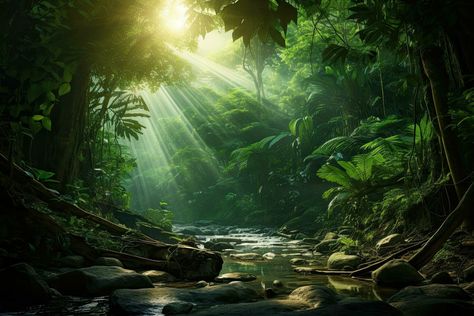 Beautiful tropical rainforest with river and sunbeams in the morning, Dense jungle landscape with dark green trees and sunbeams flashing through the trees, AI Generated Fantasy Rainforest, Rainforest Landscape, Jungle Landscape, Rainforest Plants, Landscape Concept, Tree Saw, Tropical Forest, Tropical Rainforest, Cityscape Photos