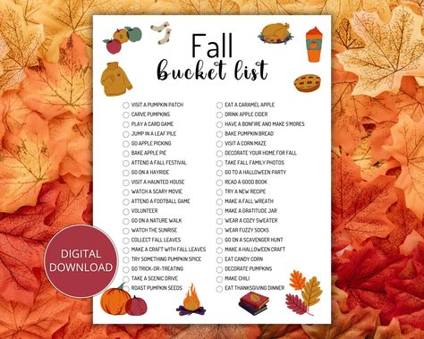 Get into the fall spirit with this fun Fall bucket list! Perfect for both adults and kids, this printable bucket list is a great way to celebrate the season. This comes with a prefilled fall bucket list and a blank bucket list to fill out with your own fall activities. Includes 8 ½ x11 page prefilled fall bucket list and a blank fall bucket list. THIS IS A DIGITAL PRODUCT. NO PHYSICAL PRODUCT WILL BE SHIPPED. ❁size: 8 1/2 inches by 11 inches ❁details: Prints on US letter size (8 1/2 by 11 inch) To Do List Fall, Fall Fun Activities, Bucket List For Families, Fall Bucket List Printable, Activities List, Printable Bucket List, Bucket List Printable, Pie Decoration, Pumpkin Drinks