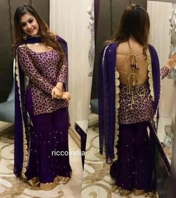 Backless Sharara Suits, Backless Salwar Suit, Backless Sharara, Backless Suit Designs, Purple Suit Women Indian, Purple Sharara Suit, Backless Kurti, Purple Sharara, Backless Suit