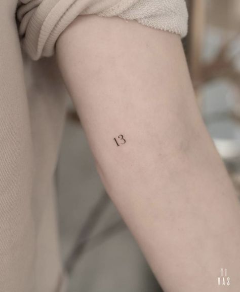 13 Small Tattoo, Number 13 Tattoos Small, 13 Number Tattoo Designs, Cool Fine Line Tattoos For Women, 15 Number Tattoo, Tiny 13 Tattoo, Number Fine Line Tattoo, 13 Finger Tattoo, Small 13 Tattoo