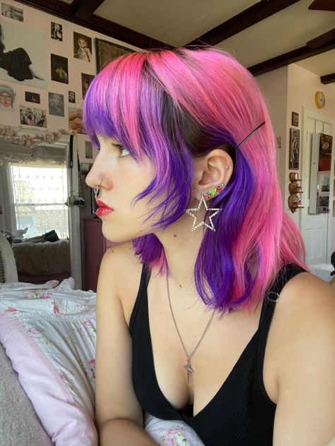 Unique Short Hair Color, Pink Hair With Purple Underneath, Pink And Purple Scene Hair, Purple And Platinum Blonde Hair, Cool Coloured Hair, Purple Hair Pink Bangs, Pink And Purple Dyed Hair, Half Purple Half Red Hair, Cute Colored Hair Ideas