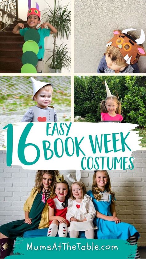 5 different photos of children dressed up. The Hungry Caterpillar. The Gruffalo. The Tin Man. Thelma the Unicorn. Alice in Wonderland characters. Costumes To Make At Home, Girl Book Characters, Easy Book Character Costumes, Story Book Costumes, Book Week Costume Ideas, Easy Book Week Costumes, Kids Book Character Costumes, Book Week Costumes, Storybook Character Costumes