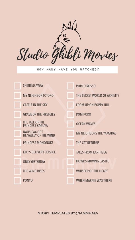 Studio Ghibli Watch List, Anime Checklist To Watch 100, Ghibli Watch List, Studio Ghibli Movies List, Anime Checklist To Watch, Comfort Movies List, Watch List Template, Ghibli Template, Ghibli Movies List