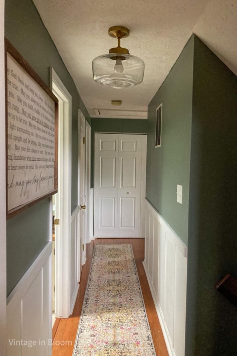 DIY Faux Board and Batten Trim (and How Projects Just Seem to Multiply) Board And Batten With Decorative Trim, Board And Batten Transition, Dollhouse Board And Batten Diy, Board And Batten Rounded Corners, Board And Batten Without Removing Trim, Faux Board And Batten, Board And Batten Trim, Upstairs Hallway, Young House