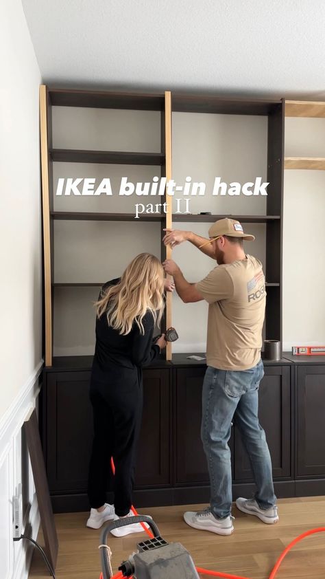 Ikea built-in hack Pt 2🔨 In case you missed it, we used IKEA Havsta cabinets for lowers and (cut) Billie bookcases for uppers. We added … | Instagram Ikea Havsta, Victorian Shelves, Ikea Bookshelf Hack, Built In Wall Shelves, Wood Lattice, Billy Ikea, Bourbon Room, Ikea Built In, Billy Bookcase Hack