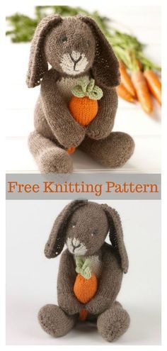 Amigurumi Bunny Rabbit Free Knitting Pattern Knitted Carrot, Newfoundland Mittens, Knitted Stuffies, Rabbit Knitting Pattern Free, Easter Knitting, Rabbit Patterns, Rabbit With Carrot, Bunny With Carrot, Knit Bunny