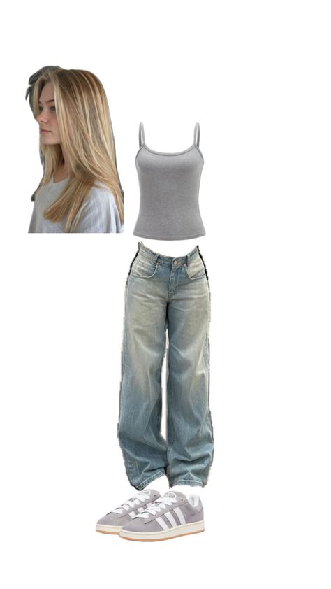 Cute fit Tank Top And Baggy Jeans Outfit, Blond Hair Outfit, Adidas Campus Grey, Baggy Jeans Outfit, Adidas Campus, Cute Fit, Grey Tank Top, Gray Tank, Jeans Outfit