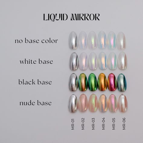 Liquid Mirror colors over a nude, black, and white base.  Since there is no powder, desk clean-up time is eliminated. The Liquid Mirror’s technology allows the particles to evaporate on the nail, leaving behind a chrome finish when rubbed in. Liquid Mirror, Chrome Nail Colors, Chrome Nails Designs, Chrome Nail Powder, Chrome Effect, Mirror Nails, Mirror Color, Chrome Powder, Cat Kuku