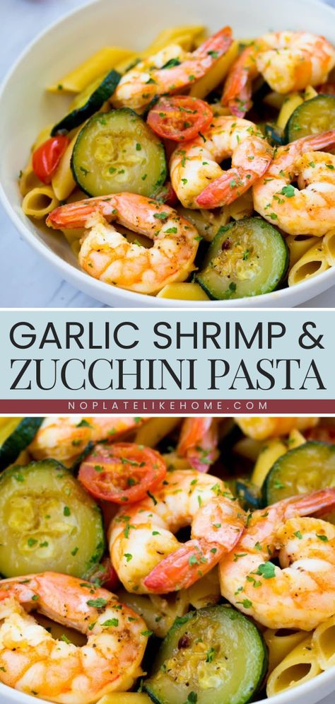 You're just 20 minutes away from this easy pasta dish! It's an amazing family dinner idea. Cooked in garlic with shrimp and tomatoes, this zucchini pasta recipe is healthy, tasty, and filling! Shrimp Zucchini And Squash Recipes, Dinners With Zucchini And Squash, Tomato Zucchini Shrimp Pasta, Shrimp Pasta And Veggies, Zucchini And Shrimp Pasta, Shrimp And Zucchini Recipes Healthy, Shrimp Pasta With Zucchini, Shrimp Zucchini Pasta Recipes, Zucchini Shrimp Recipes