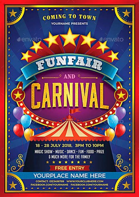 Funfair & Carnival Flyer Funfair Flyer Design, Carnival Banner Design, Carnival Theme Poster, Carnival Poster Design Graphics, Carnival Pubmat, Carnival Flyer Design, Carnival Graphic Design, Carnival Poster Design, Circus Flyer