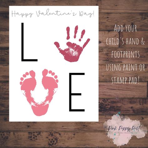 "Handprint Footprint Art, Easy DIY Craft for Kids, Valentine's Day from Child, Baby's First Valentine's Day, Personalized Gift for Parent/Grandparent, Keepsake Printable from Baby, Keepsake Printable from Kid, Valentine's Day Artwork This is a fun personalized gift for Valentine's Day! Simply, download, print, and have your child use their handprint to complete the keepsake. Complete one every year to see how the hand size changes. Use paint and simply brush onto your child's hand, or a washable stamp pad, to help your child add their handprint to the centre of the page. Please send me a message me if you have any questions. WHAT YOU WILL RECEIVE: - LOVE Printable   - Blank version, no hand or footprint - Print size 8.5\" x 11\" - Format PDF - Print at home or at your local printing shop - Hand And Foot Print Art Valentines, Valentine Keepsake Craft Kids, Valentine Infant Art, February Crafts For Infants, Valentine’s Day Footprint Art, Baby Valentines Crafts, Keepsake Printable, Diy Craft For Kids, February Crafts