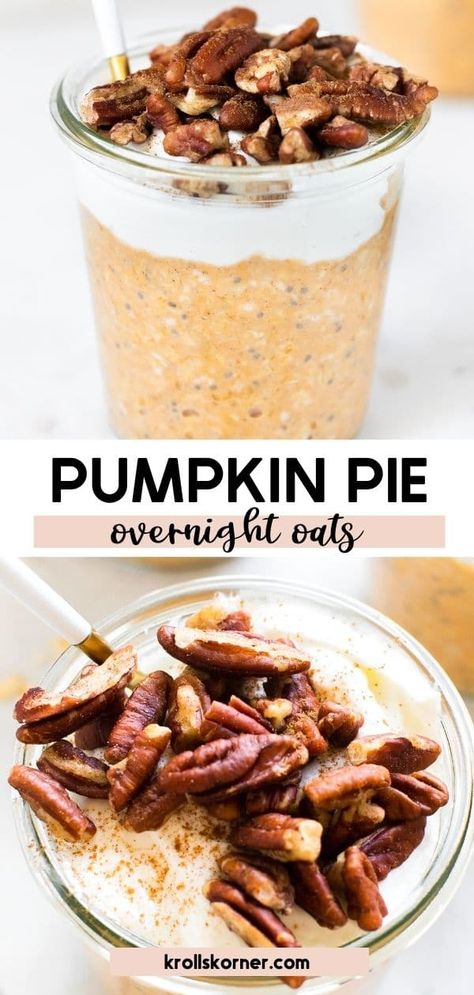 Pumpkin Pie Overnight Oats are full of Fall flavors, perfect to meal prep for busy mornings and your excuse to enjoy pumpkin pie for breakfast! You'll love this overnight oatmeal loaded with pumpkin pie spice all Autumn Pumpkin Pie Overnight Oats, Pumpkin Breakfast Recipes, Pumpkin Overnight Oats, Pumpkin Pie Protein, Fall Recipes Pumpkin, Pumpkin Oats, Pumpkin Breakfast, Overnight Oats Healthy, Overnight Oatmeal