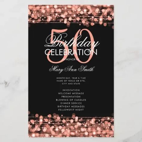 50th Birthday Party Program Rose Gold w/ Menu 50th Birthday Party Program Ideas, 40th Birthday Program Ideas, Birthday Party Program, Elegant 50th Birthday Party, Birthday Dinner Menu, Birthday Party Essentials, Moms 50th Birthday, Birthday Menu, Dads Birthday