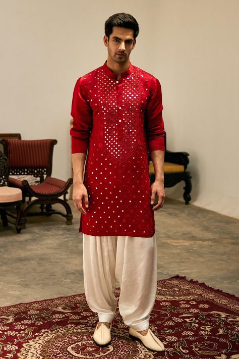 Buy Red Linen Cotton Silk Embroidery Mirror Zaid Kurta And Salwar Set For Men by Ankit V Kapoor Online at Aza Fashions. Sufi Night Outfit For Men, Red Kurta Men, Red Kurta For Men, Sufi Night, Traditional Indian Mens Clothing, Kurta Designs Men's, Indian Menswear, Mehendi Night, Indian Wedding Clothes For Men