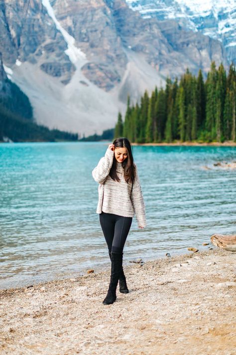 #Banff #Canada #MoraineLake #NationalPark margaret o’leary woven   pullover sweater Hiking Photoshoot, Mountain Photo Ideas, Mountain Photoshoot, Lake Photoshoot, Vacation Outfits Women, Travel Pose, Travel Picture Ideas, Banff Canada, Lake Photography