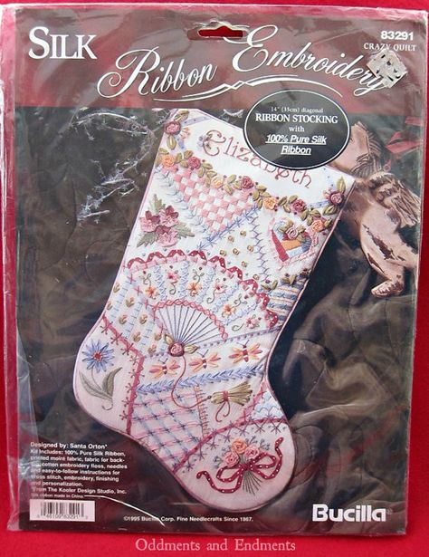 Silk Ribbon Embroidery Stocking Kit by OddmentsandEndments on Etsy, $10.00 Moire Fabric, Quilt Christmas, Ribbon Embroidery Kit, Christmas Stocking Kits, Embroidery Ribbon, Quilted Christmas Stockings, Vintage Needlework, Vintage Christmas Decor, Ribbon Christmas