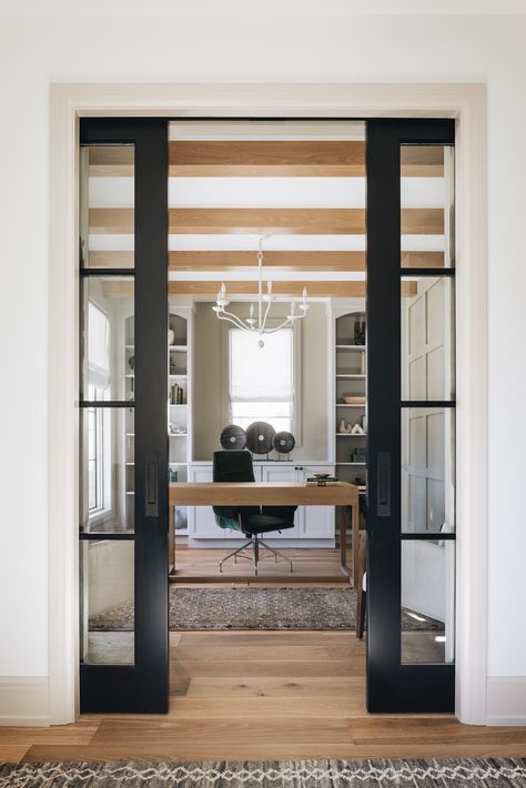 Pocket French Doors Interior Offices, Office Ideas With French Doors, Double Glass Doors To Office, Home Office With Sliding Doors, Glass Doors Home Office, Basement Office With French Doors, Sliding French Doors Office, French Doors To Office Study, Sliding Doors To Office