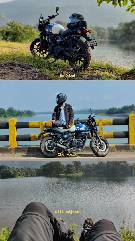 Royal Enfield Bike Poses Men, Caption For Bike Pose, Motorcycle Photography Ideas, Bike Trip Photography, Bike Poses Men, Photoshoot With Bike, Bike Riding Aesthetic, Bike Rides Photography, Bike Ride Aesthetic