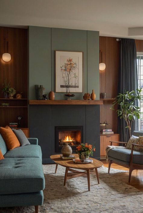 House Interior Mid Century Modern, Mid Century Living Room Colors, Mid Century Modern Chimney, Mcm Transitional Living Room, Mid Century Living Room Fireplace, Mid Century Rustic Living Room, Mid Century Modern House Interior Living Rooms, Century Modern Living Room, Mcm Fireplace Wall