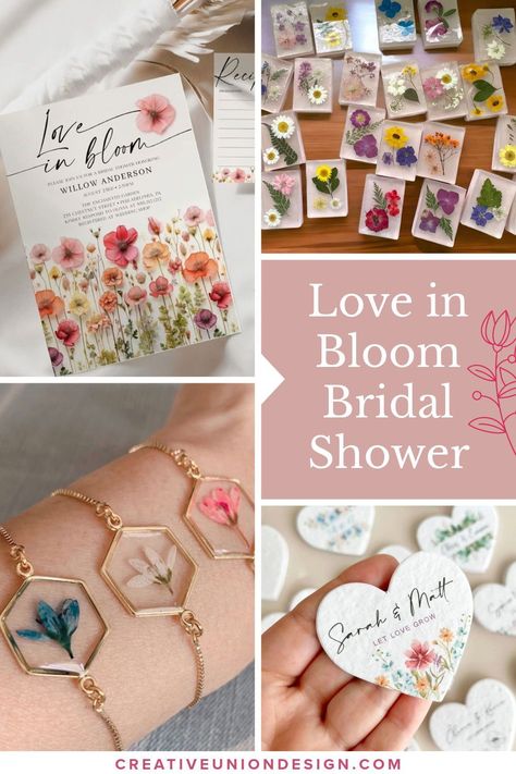 Spring is the perfect time to celebrate love and new beginnings, making it an ideal season for a wildflower-themed bridal shower. Plan your dream wildflower bridal shower with invitations, welcome signs, recipe cards, bouquets, soap favors, bridesmaid gifts, hexagon pressed flower bracelets, pressed floral frames, seed packet favors. Summer garden wedding bridal shower inspirational ideas. Wedding Shower Floral Theme, Garden Style Bridal Shower Ideas, Pressed Flower Sign, Love Grows Bridal Shower Theme, Love Is In Bloom Bridal Shower Favors, Flower Garden Bridal Shower Ideas, Bridal Shower Wild Flower Theme, Wild In Love Bridal Shower Theme, Wildflower Bridal Shower Favors